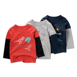 Boys Long Sleeve T-Shirt Cotton Dinosaur Print Fake Two Piece Round Neck Cartoon Casual Top Toddler