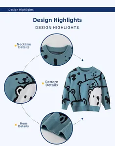 Detail view of boys knitted sweater showing ribbed neckline and animal pattern