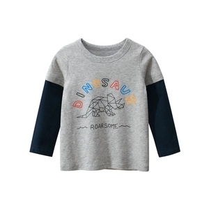 Kids long sleeve t-shirt featuring dinosaur print and stylish gray contrast sleeves