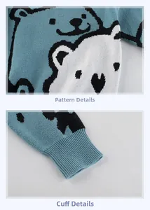 Detail of blue knit sweater showing bear pattern embroidery and ribbed cuff texture