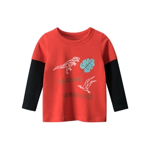 Kids long sleeve t-shirt with red and black layered design and dinosaur roar print