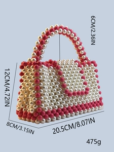Dimensions détaillées du sac à main en perles tressées avec cœur rose et poignée