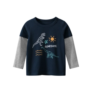 Boys long sleeve dinosaur tee with navy blue faux-layered sleeves and roarsome print