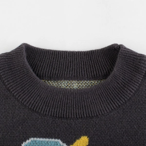 Dark grey knitted sweater for kids with ribbed round neck and colorful pattern details