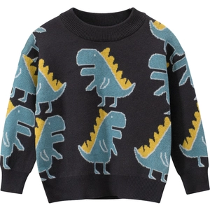Kids long sleeve knitted sweater in dark grey with cute cartoon dinosaur patterns