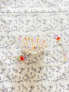 Handmade shell-shaped colorful beaded crossbody bag for women with floral background