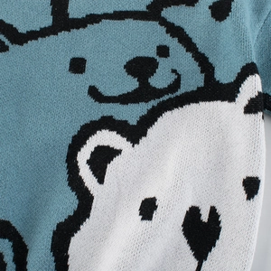 Child's knitted sweater with grey-blue jacquard cartoon bear and heart patterns