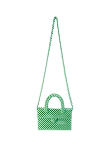 Mint green handmade beaded acrylic crossbody bag with top handle and long strap