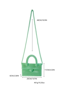 Detailed size guide for mint green beaded woven handbag with strap dimensions and weight