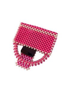 Handmade beaded top handle flap bag in pink and white pearls with glossy finish