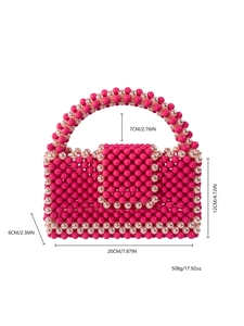 Handmade beaded color-block handbag in rose red and cream, size 20CM x 12CM x 6CM