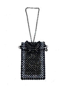 Handmade Acrylic Beaded Phone Bag For Women Retro Geometric Woven Mini Crossbody Pouch With Metal Chain Strap