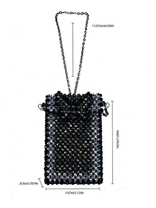 Handmade beaded crossbody phone bag with chain strap and dimension markings 18x13x2cm