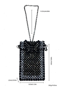 Handmade black and silver beaded phone bag with metal chain strap and dimensions