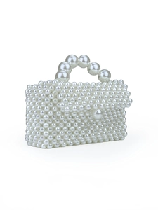 Elegant handmade white faux pearl beaded tote bag with large pearl clasp and top handle