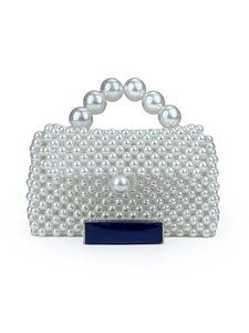 Elegant white faux pearl woven handbag with a round handle and central large bead closure