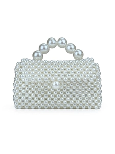 Elegant white handmade pearl beaded crossbody bag with arch handle for summer fashion