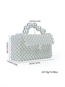 Detailed dimensions of the handmade pearl woven bag showing height, width and thickness