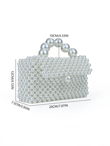 Detailed view of handmade pearl woven handbag showing exact dimensions and elegant structure
