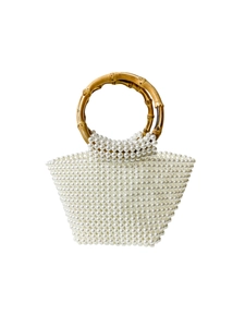 Handmade pearl woven handbag with natural bamboo handle for evening party use