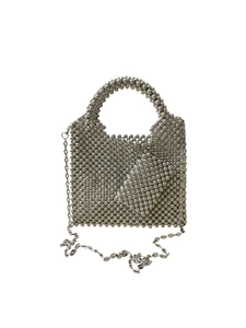 Silver beaded handmade crossbody handbag with round handle and detachable chain strap