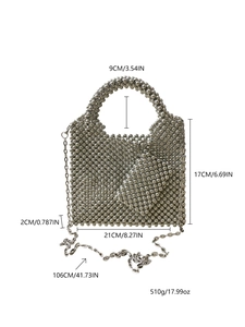 Detailed view of silver beaded handbag with dimensions and removable chain strap