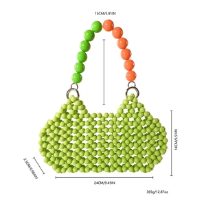 Detailed size specifications for handmade green acrylic beaded tote bag with dimensions