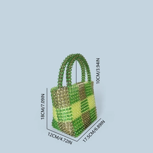 Detailed size chart for handmade beaded checkerboard tote with dual top handles