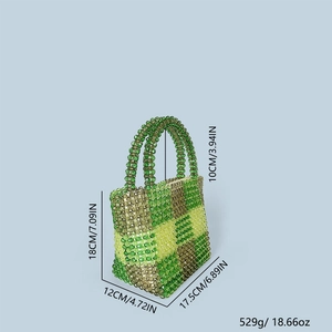 Detailed size chart of handmade beaded tote with green and yellow checkerboard pattern