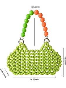 Handmade green acrylic beaded handbag with contrast orange handle and silver rings