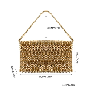 Detailed dimensions of gold beaded woven handbag with size and weight annotations