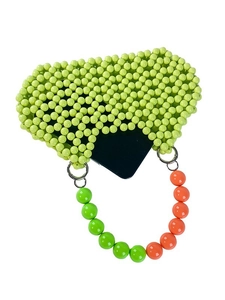 Handmade heart-shaped green beaded handbag with orange handles and acrylic beads