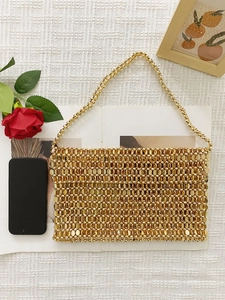 Vintage golden metal beaded tote bag with woven sequins and long shoulder strap