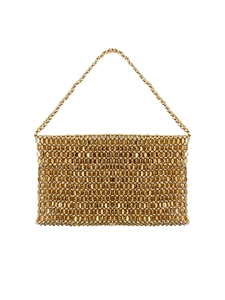 Elegant gold chainmail tote bag with metallic sequins and a long shoulder chain strap