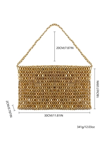 Detailed dimensions of gold sequin hand-woven tote bag with metallic scale texture