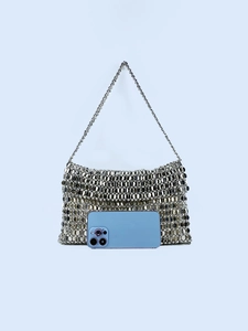 Silver sequin hobo bag with metallic chain mesh design and chic chain strap