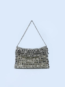 Retro silver metal sequin woven tote bag with metallic chain strap in minimalist style