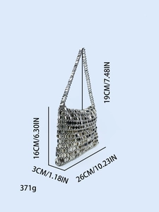 Silver sequin woven tote dimensions 26x16x3cm showing chain handle and mirror texture