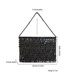 Detailed size specifications for a black hand-woven beaded tote bag with measurements
