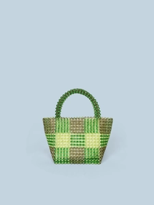 Women Fashion Hand-Woven Acrylic Beaded Handbag Checkerboard Pattern Tote Bag For Daily Vacation Vintage Top Handle Bag
