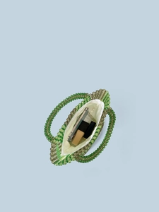 Fashionable woven beaded handbag with green diamond pattern and white inner lining