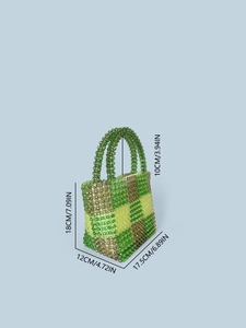 Handmade woven beaded tote bag with green and yellow plaid pattern and dual handles