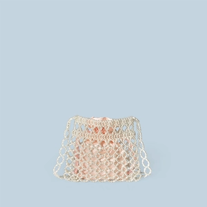 Detailed view of hand-woven white pearl beads with pink satin drawstring lining inner bag