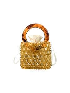 Handmade yellow beaded bucket bag with tortoiseshell round handles and satin lining