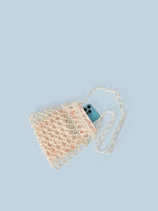 Handmade pearl beaded crossbody bag with pink satin lining and matching strap
