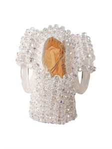 Sac seau en perles acryliques fait main avec doublure à cordon beige et anses rondes