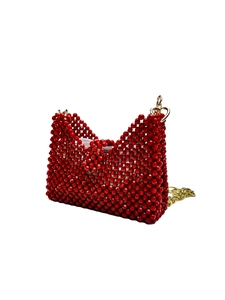 Handmade red beaded handbag with glossy weave texture and gold chain shoulder strap