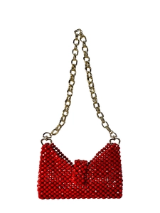 Elegant red beaded woven handbag with chunky gold metal chain and heart-shaped buckles