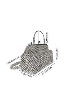 Silver beaded handbag dimensions showing 15cm height and 21cm width with metal chain