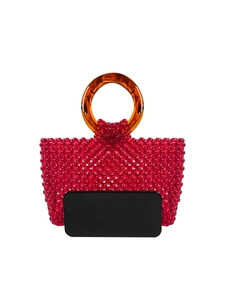 Sac à main fait main en perles rouges avec anses anneaux en acrylique ambre rétro